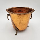 Vintage Hammered Copper Planter Bucket W  Brass Feet   Handles Ruffled Rim