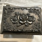 Vtg Metal Trinket Jewelry Box Rose Design Legs Hinged Velvet Lining Japan Heavy