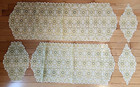 5 Pc Vintage Mcm Flocked Dresser Scarf Set Sheer Yellow W Green Flowers Bedroom