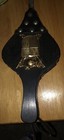     vintage Fireplace Bellows Wood Black Leather W  Brass coat Of Arms Crest    