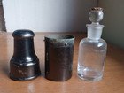 1890s Apothecary Stopper Hand Blown Medicine Bottle In Original Metal Casing