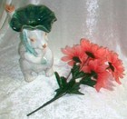 Vintage White Rabbit Cactus Flower Majolica Art Pottery Figural Vase Figurine