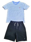 Polo Ralph Lauren Striped V-neck T-shirt fleece Drawstring Shorts Set Size 8