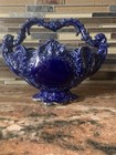 Antique Ceramic Cobalt Blue  Victorian Footed Basket Centerpiece With Handle