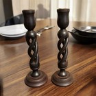 Vtg Oak   Brass Thistle Open Barley Twist Candlesticks Holder At 10   tall Pair