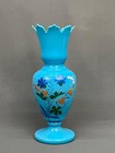 Antique Victorian Hand Blown Glass Blue Bristol Enameled 13  Vase