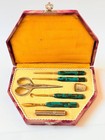Antique German Art Deco Sewing Kit Etui Set Malachite Celluloid Handles Boxed