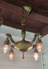 Antique Art Deco Brass 4 Light Chandelier Ceiling Light  1920 s Green gold