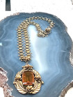 Antique Large Ornate Brass   Citrine Glass Pendant   16  Necklace  2 75  X 1 75 