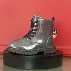 Gray Glitter Lace-up Combat Boots For Girls