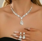 Silver Plated Teardrop Crystal Rhinestone Necklace   Earrings Set