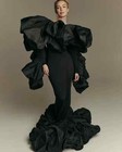 Puffy Black Mermaid Evening Dresses Ruffles Lush Long Sleeves Party Backless