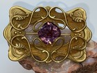 Antique Art Nouveau Sash Brooch Pin Faceted Amethyst Glass Matte Gold Tone Vg