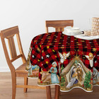 Christmas Tablecloth 70  70 Inch Round  Holy Nativity Red Buffalo Plaid Washab   
