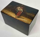 Antique 19thc Russian Folk Art Lacquer Painted Lid Farmer Scene Wood Box Casket