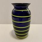 Vintage Hand Flown Cobalt Blue Glass Vase Raised Yellow Spiral Swirled Thread 7 