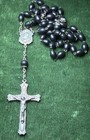 Antique Sterling Silver Crucifix Rosary Black Oval Wood Beads Catholic Holy Face