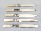Antique English Fruit Knives   5 Piece Sterling Silver   Mother Of Pearl Handle
