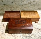 3 Vintage Carved Wooden Trinket Jewelry Boxes Carving Brass Design Mirror   Lock
