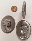 3 Vintage Victorian Lady Steel Cameo 49x40mm  Silver Metal Stamping Findings N80