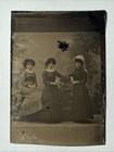 3 Victorian Women Fancy Hats Antique 1870s Tintype Photo Dresses