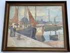 Antique Nautical Painting Marina Boat Ship Dock Landscape Listed Impressionism