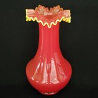 Antique vintage Pink Opaline Cased Yellow Crested Ruffled Art Glass Vase 10 75 
