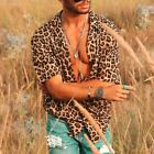 Mens Short Sleeve Leopard Print Top Summer Casual Baggy T-shirt Lapel Neck Shirt
