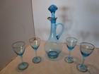 Vintage Barware Glass Decanter Set 6 Pc  Goblets Wine Azure Aqua 15 t 1960 s