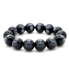 Black Agate Wrist Mala W Lotus 14mm Buddhist Prayer Bead Stone Stretch Bracelet