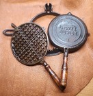 Vintage Stover Junior No  8 Cast Iron Waffle Maker With Wooden Handles   Base