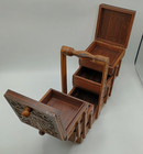 Vintage Wooden Handcrafted Carved Peacocks Floral Expandable Tiered Sewing Box