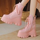 Women Genuine Leather Round Toe Platform Wedge Ankle Boots Lace Up High Heels