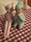 2 Vtg Gilner Pottery Elves Pixies- Pink Sitting   Aqua Blue Kneeling Rare Colors