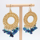 925 Sterling Silver Gold Tone Filigree Disc Chandelier Earrings Blue Bead Fringe
