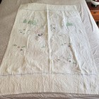 Vintage Hand Embroidered Baby Quilt White Cotton Kittens Birds Floral 54x36