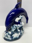 Dolphin Playing Leaping In Waves Cobalt Blue Ceramic Figurine Statue  