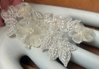 Applique 3x5  Flower Pearls Leaves Glass Beads Organza Hand Sewn White Ivory 1pc