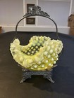 Victorian Butterfly Bride   s Basket Vaseline Uranium Opalescent Glass Ruffle Edge