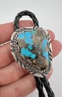 Vintage Navajo Sterling Silver Kingman Turquoise Stamped Bolo Tie 54 3g