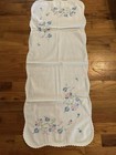 Vintage Hand Embroidered Table Runner Pink   Blue Floral Crocheted Edge 38 X 15   