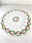Vtg Round 21  Hand Crochet Doily Raised Rose Pink  Cluster Flower Green White Fs