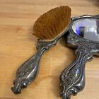 Vintage Victorian Art Nouveau Silver Plate Hand Mirror W  Brush Floral Design