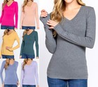 V Neck Cotton Long Sleeve Top Basic Soft Stretch Fitted Plain Layering T-shirt