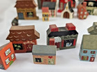 Vtg Folk Art Hand Painted Wood Super Mini Houses Village Lot Of 24 Signed Dated