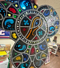 Large 26 5  Stained Glass Gothic Trefoil Window Medallion Hanging Panel