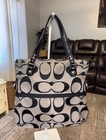  Coach Signature C Logo Tote Bag Black gray Large Zip Outer Pocket Blue Lined