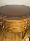 Vintage 28    Drum Side Table W  Leather Top  Brass Pulls  Original Casters