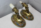 Pair Vtg antique Brass Wall Sconces Candle Original Paint Floral Tassels