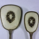 Vintage Gold Tone Hand Mirror And Hair Brush Set Raised Floral Vanity Detachable